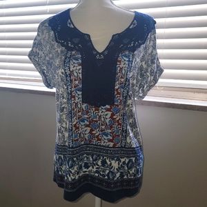 Daniel Rainn Celerina Floral Print & Lace Knit Top Medium Indigo Blue